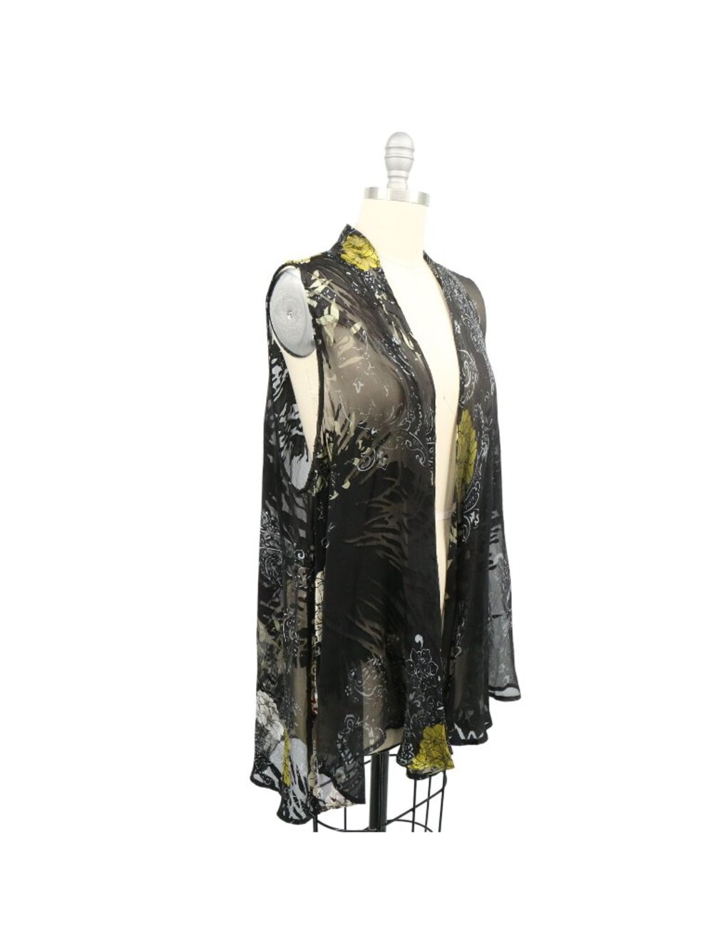 Citron Santa Monica Open Front Hi/Lo Floral Burnout Black Sleeveless Vest Top 2X